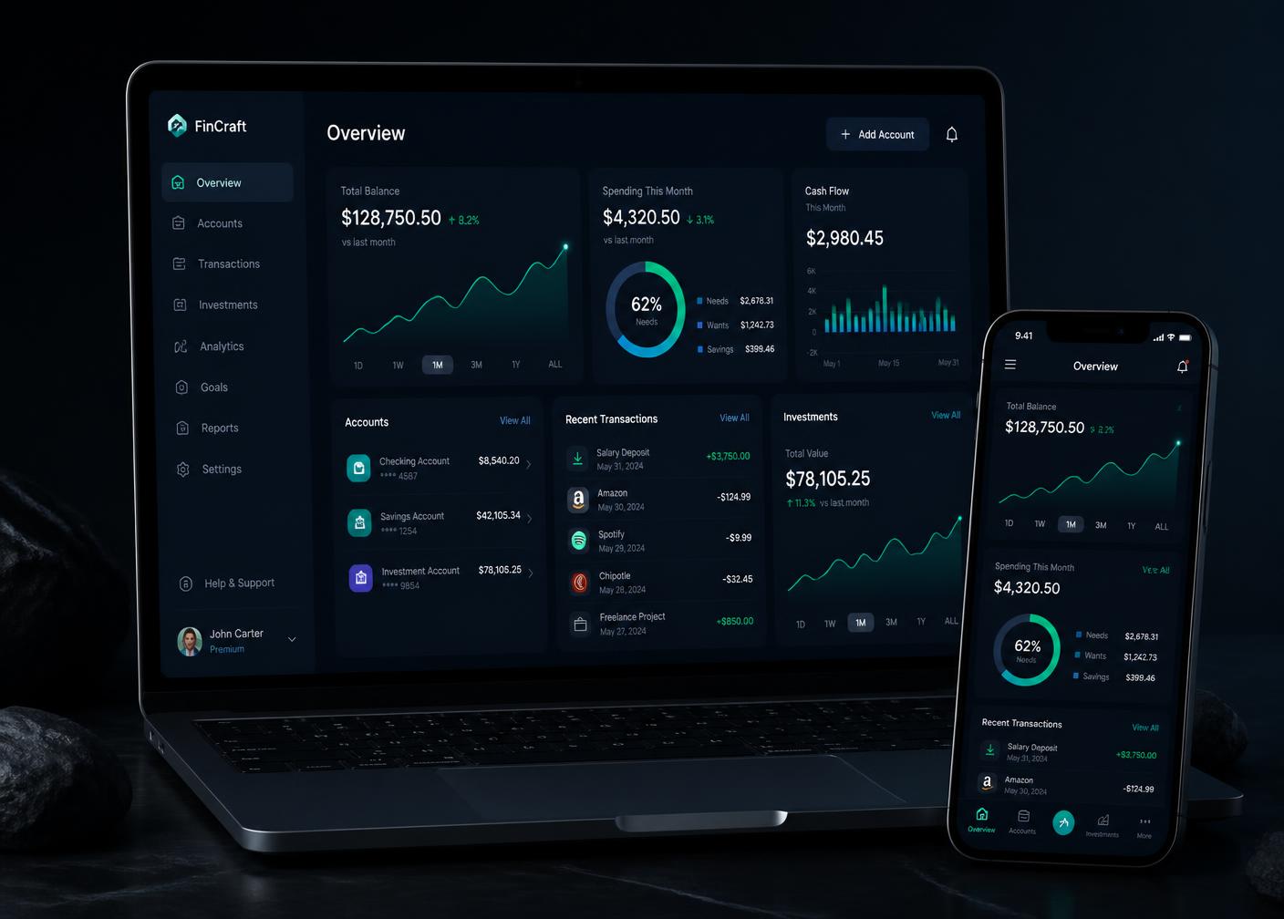 Dashboard do HUG Finance no notebook e no celular